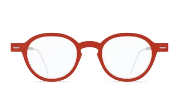 Nina Mûr 'Mamen' wood eyeglass frame in a matte red color. Designed and made in Madrid, Spain.
