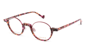 Dutz '2270' acetate eyeglass frame in a pink pattern design, metal eyewire at top of round lenses. Designed and made in the Netherlands.