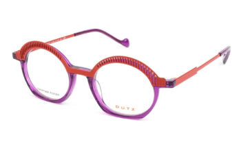 Dutz '2354' acetate eyeglass frame in a gloss purple; Matte red metal accent overlay and temples. Designed and made in the Netherlands.