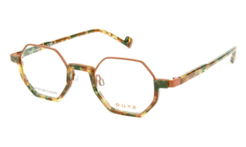 Dutz '2355' acetate eyeglass frame in a green, brown and honey pattern design, dark orange metal eyewire at top of octagon lenses. Designed and made in the Netherlands.