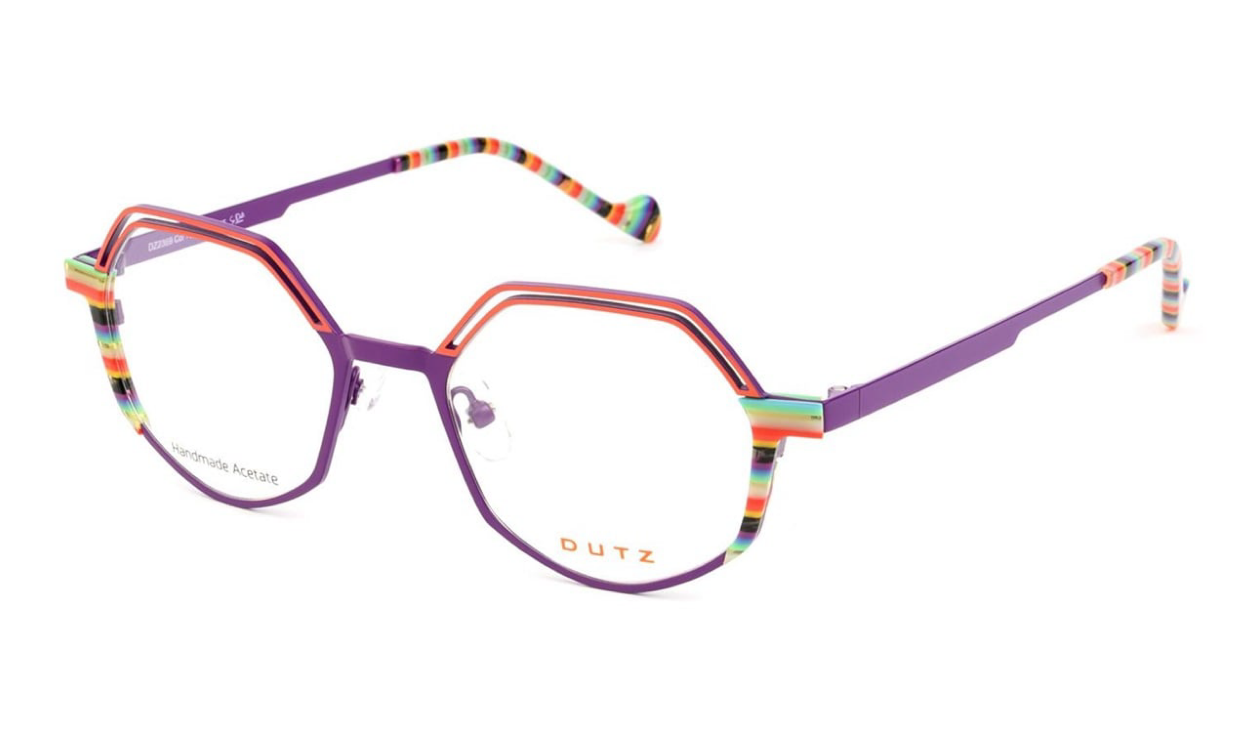 Dutz '2369' metal eyeglass frame in a matte purple and coral; rainbow acetate details on front and temple tips. Designed and made in the Netherlands.