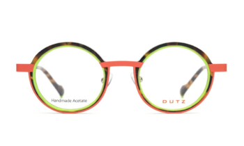 Dutz '2376' metal and acetate eyeglass frame in tortoise, neon green and coral. Designed and made in the Netherlands.