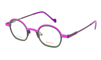 Dutz '868' metal eyeglass frame, matte dark and medium purples with evergreen. Round lenses with squared off base. Designed and made in the Netherlands.