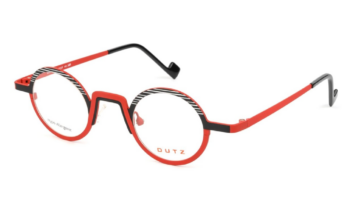 Dutz '873' metal eyeglass frame in a matte red, black and white. Designed and made in the Netherlands.