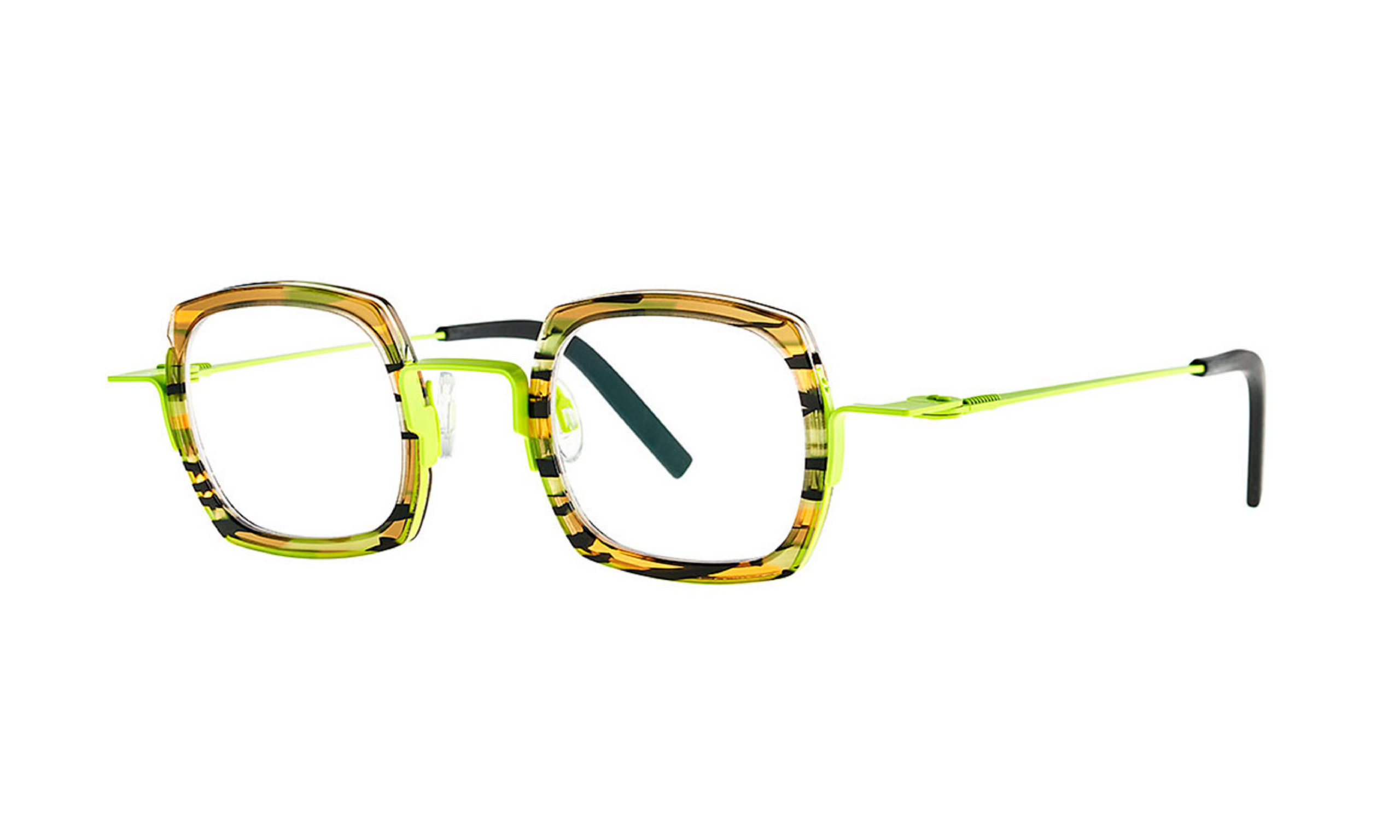 Theo brand eyeglasses in color neon yellow-green stainless steel with striped black - yellows acetate. Square shaped lenses.