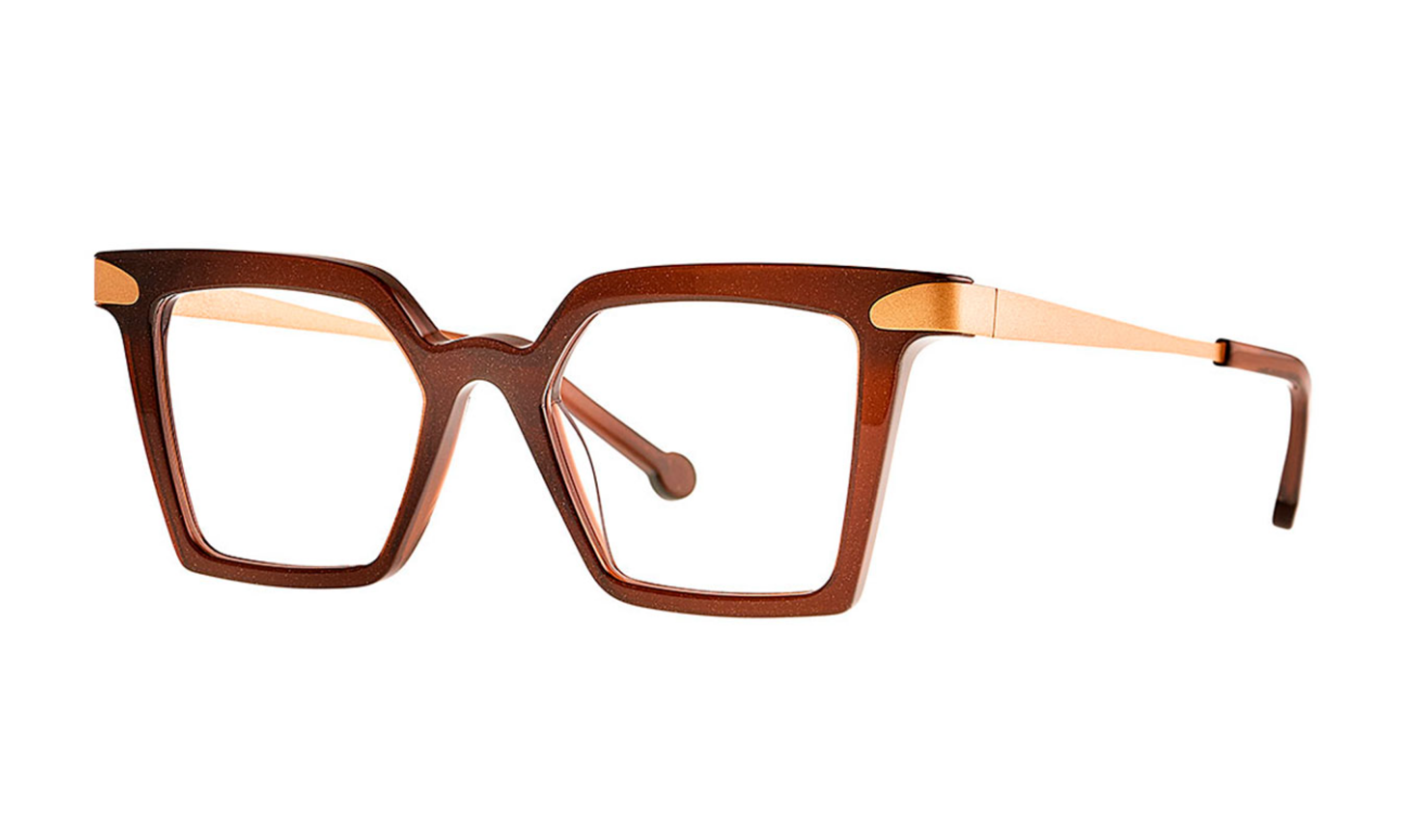 Theo brand eyeglasses in color fairy brown (warm brown with fine sparkles), rectangular, acetate with gold titanium temples that wrap around the hinge front.