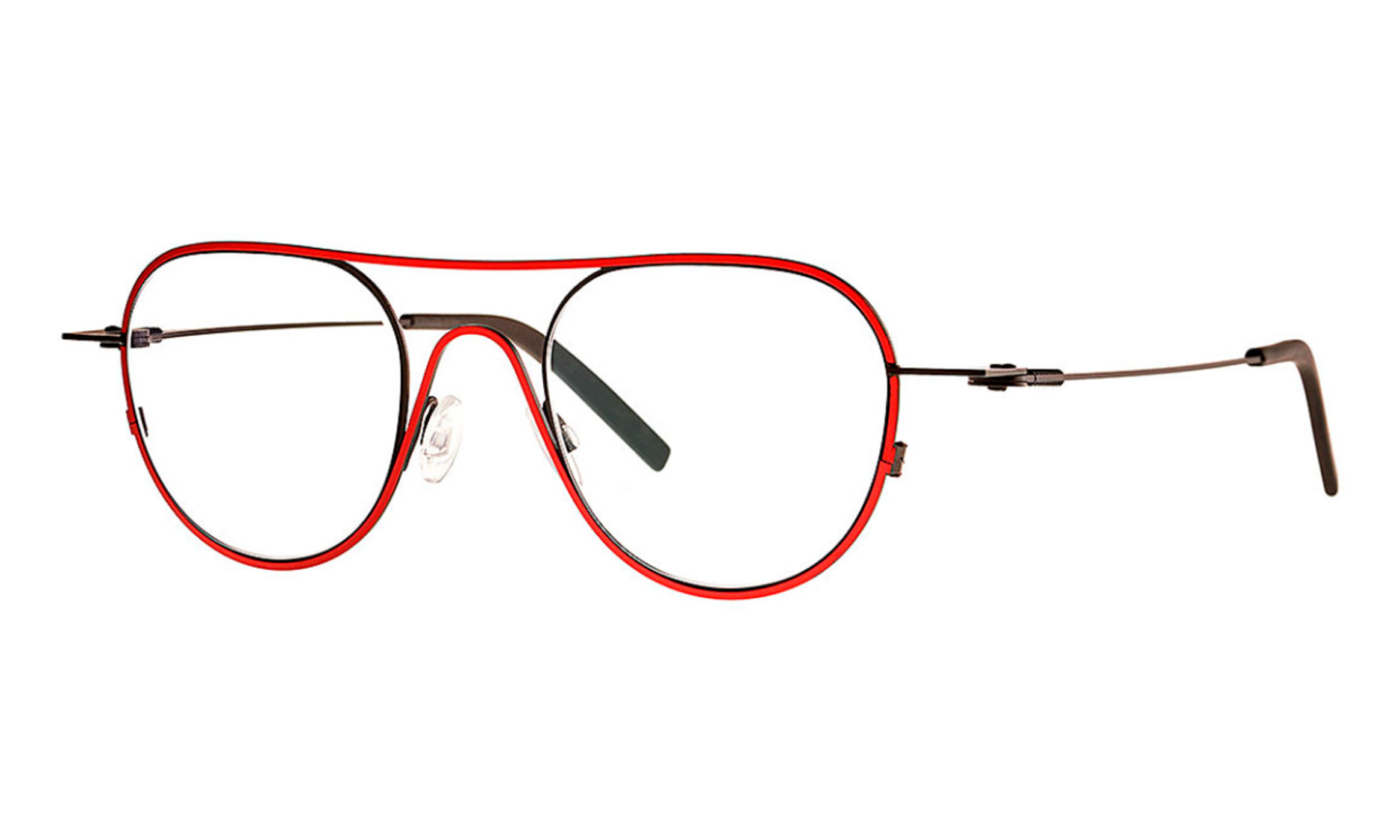 Theo brand eyeglasses in dual colors black matte and geranium red, soft aviator lens shape, stainless steel.