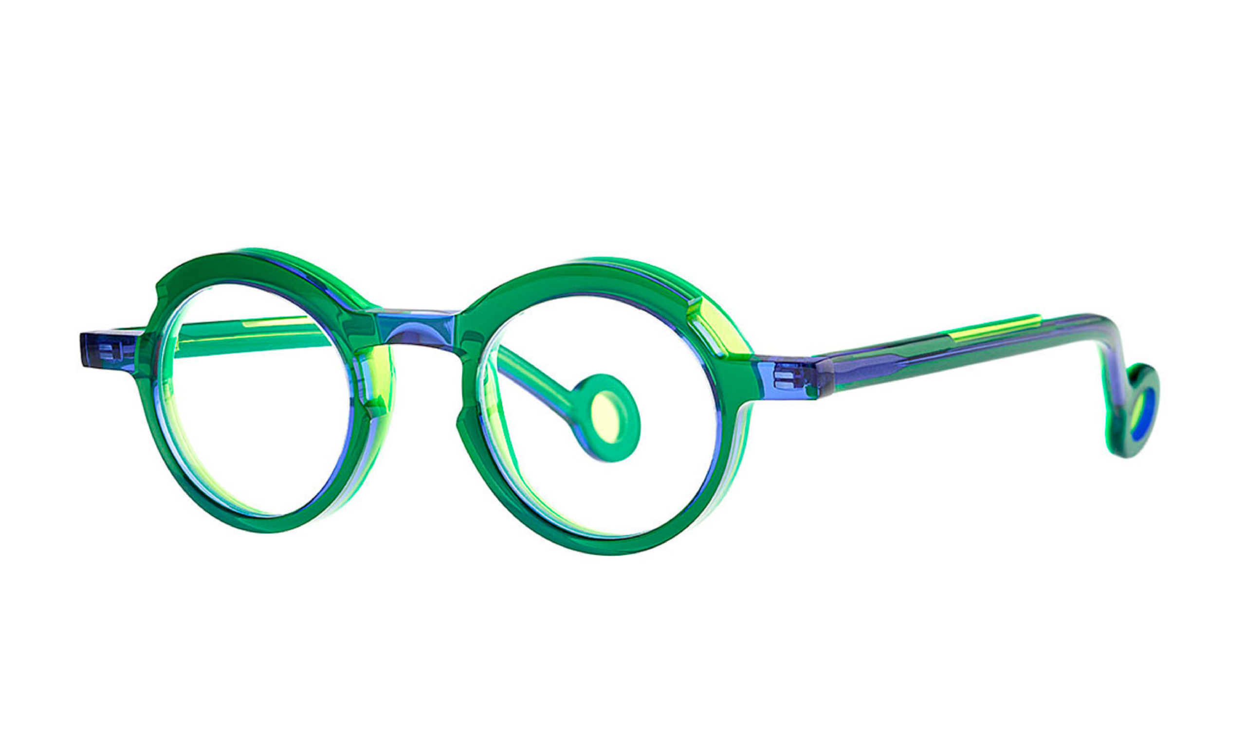 Theo brand eyeglasses in layers of green and blue translucent acetate, round lenses.