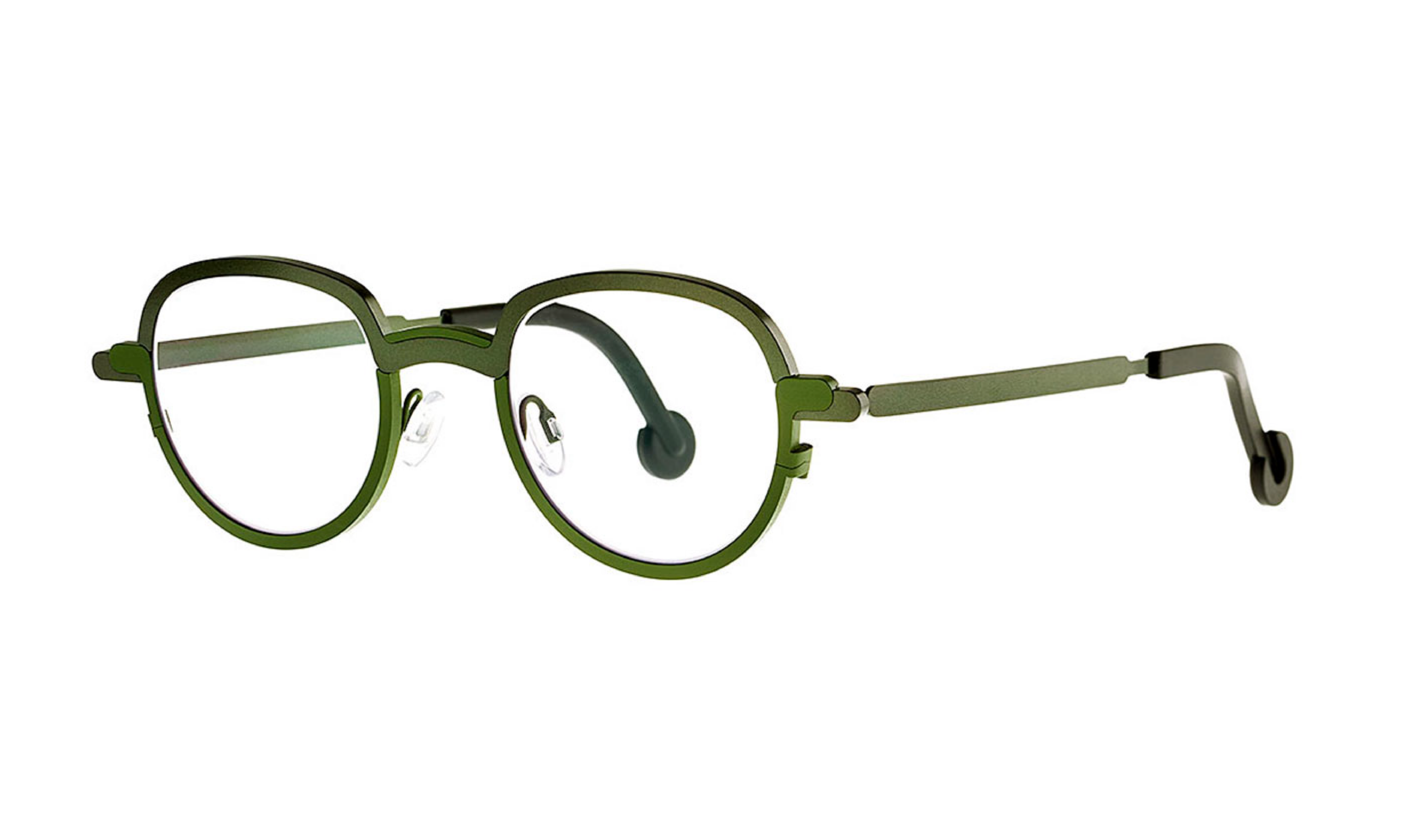 Theo brand eyeglasses in two tones of green, round, pure titanium.