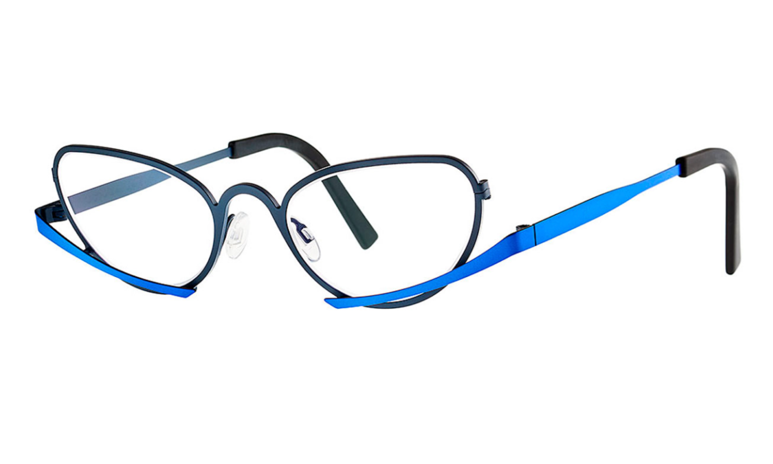Theo frame, metal with cat eye shape, two tones of blue, temples connect in an unusual part of the lens