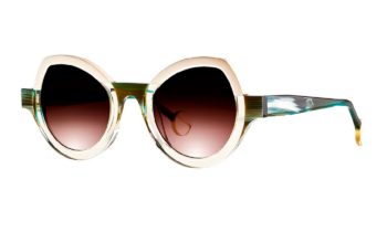 Theo brand sunglasses in transparent light yellow and cappuccino white and white horn pattern acetate.