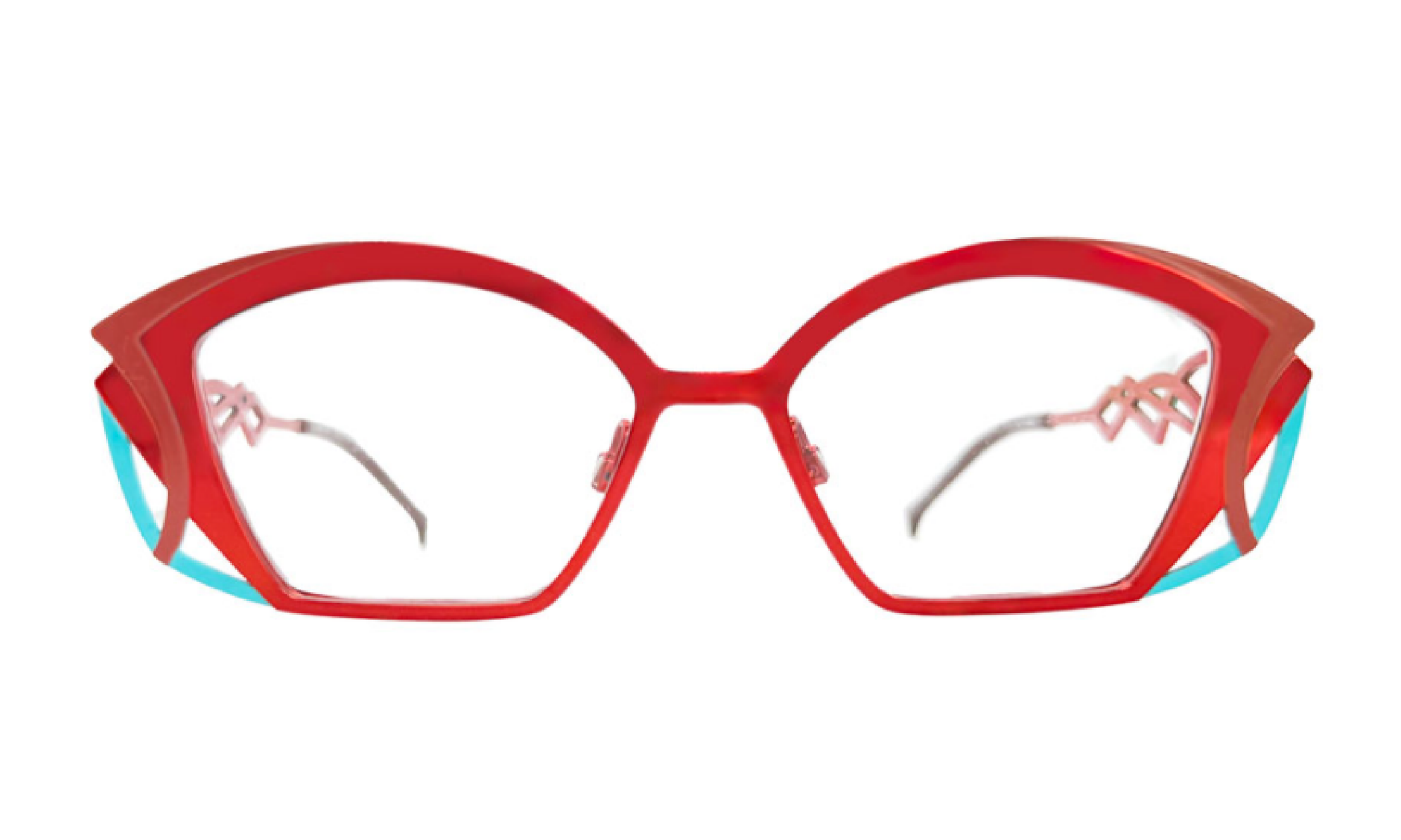 Faniel 'Bartoli' metal eyeglass frame in reds and blue, a mix of shiny and matte finishes. Made in Quebec.