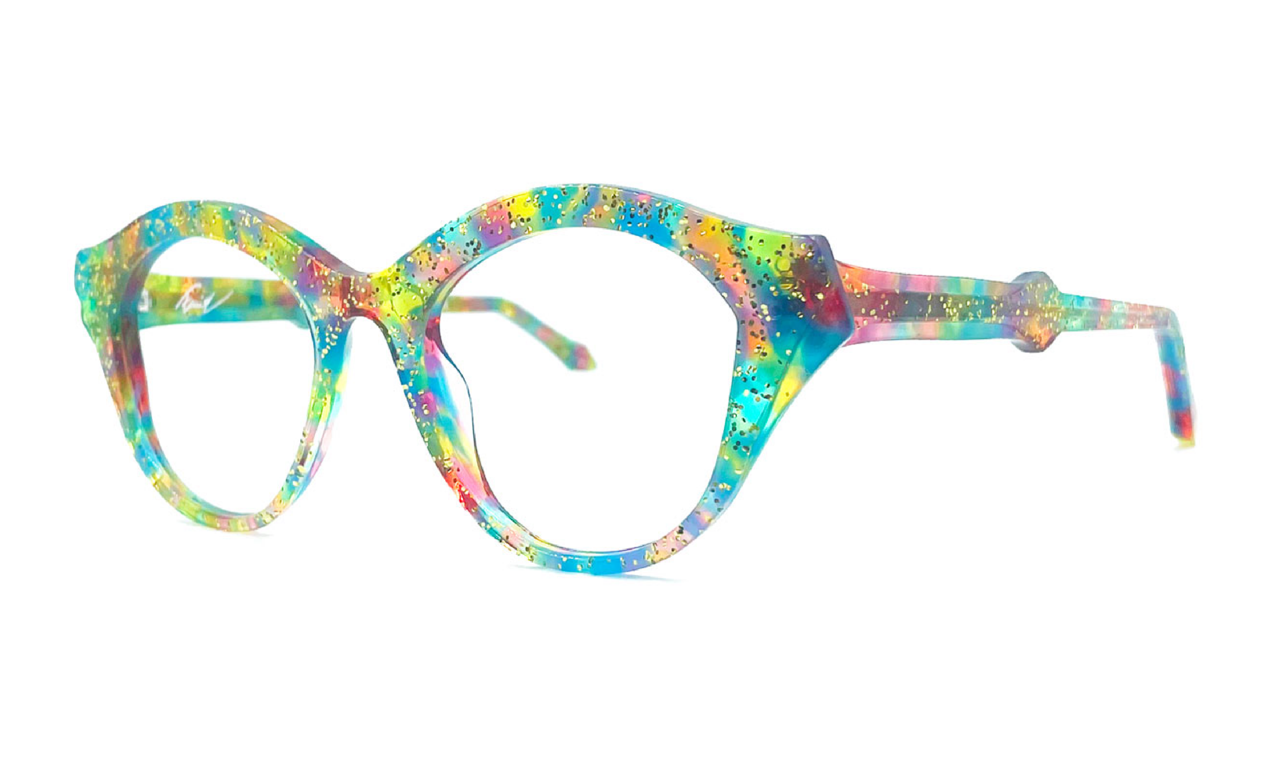 Faniel 'Gentillesse' recycled acetate eyeglass frame in an evenly allocated mottling of colors, imbued with gold sparkles. Made in Quebec.
