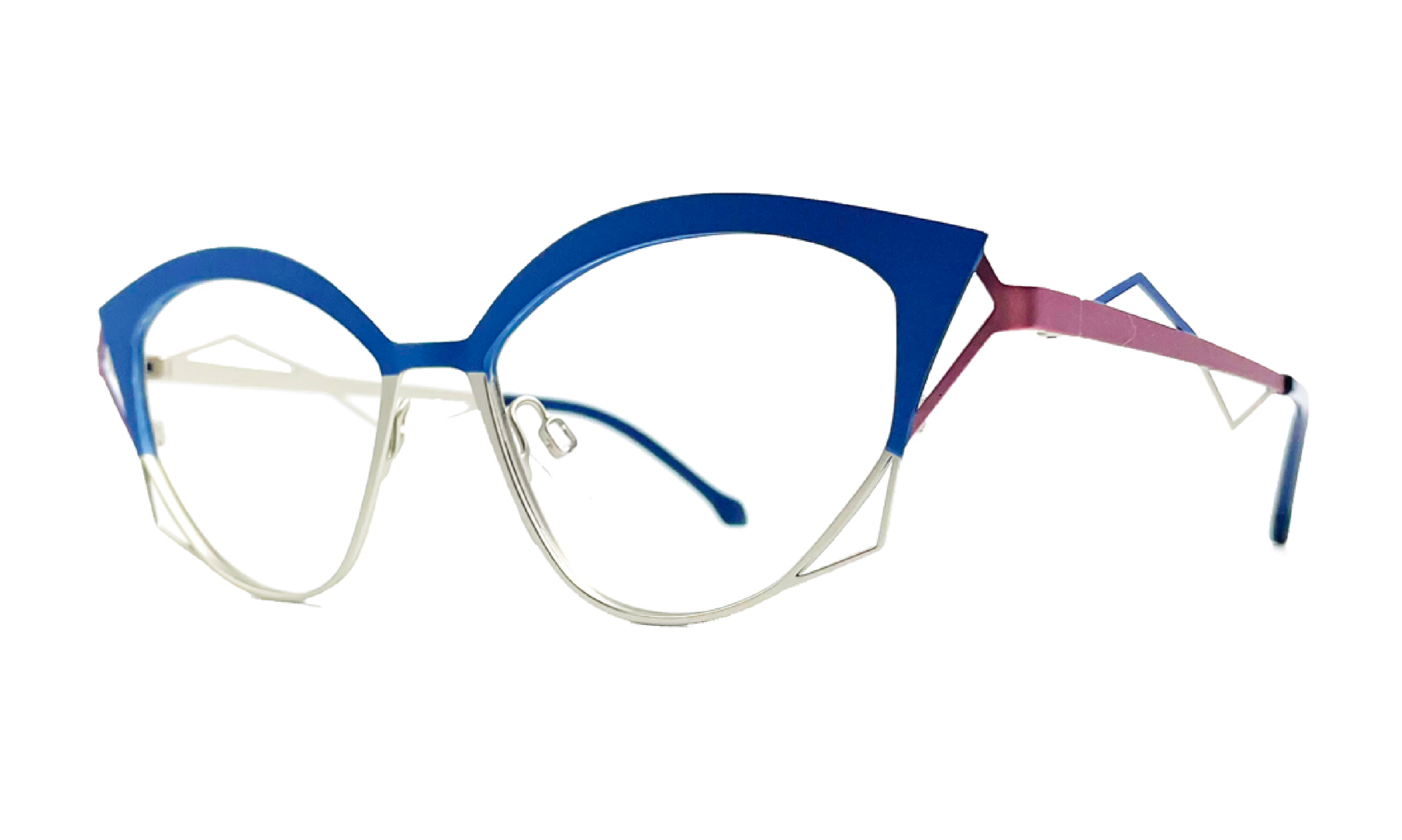 Faniel 'Kahlo' metal cateye eyeglass frame in matte blue, purple and silver. Made in Quebec.
