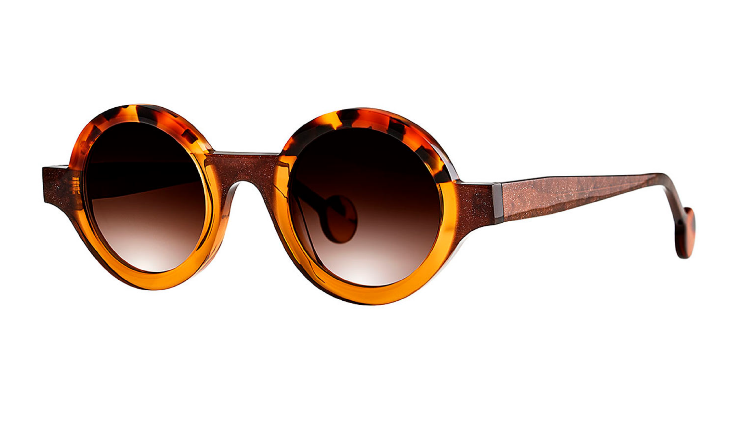 Theo brand sunglasses in honey, sparkly brown and tortoise, round, acetate.