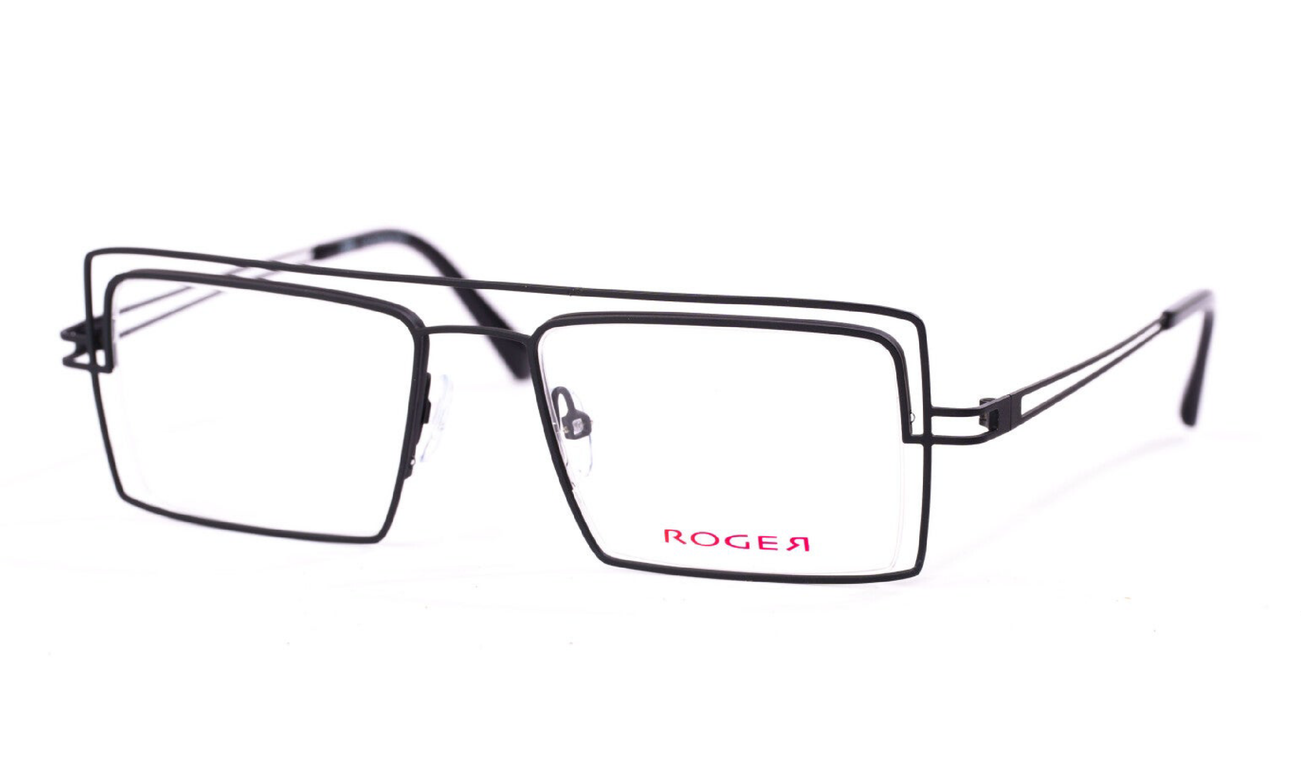 Roger brand frame, matte black rectangular metal.