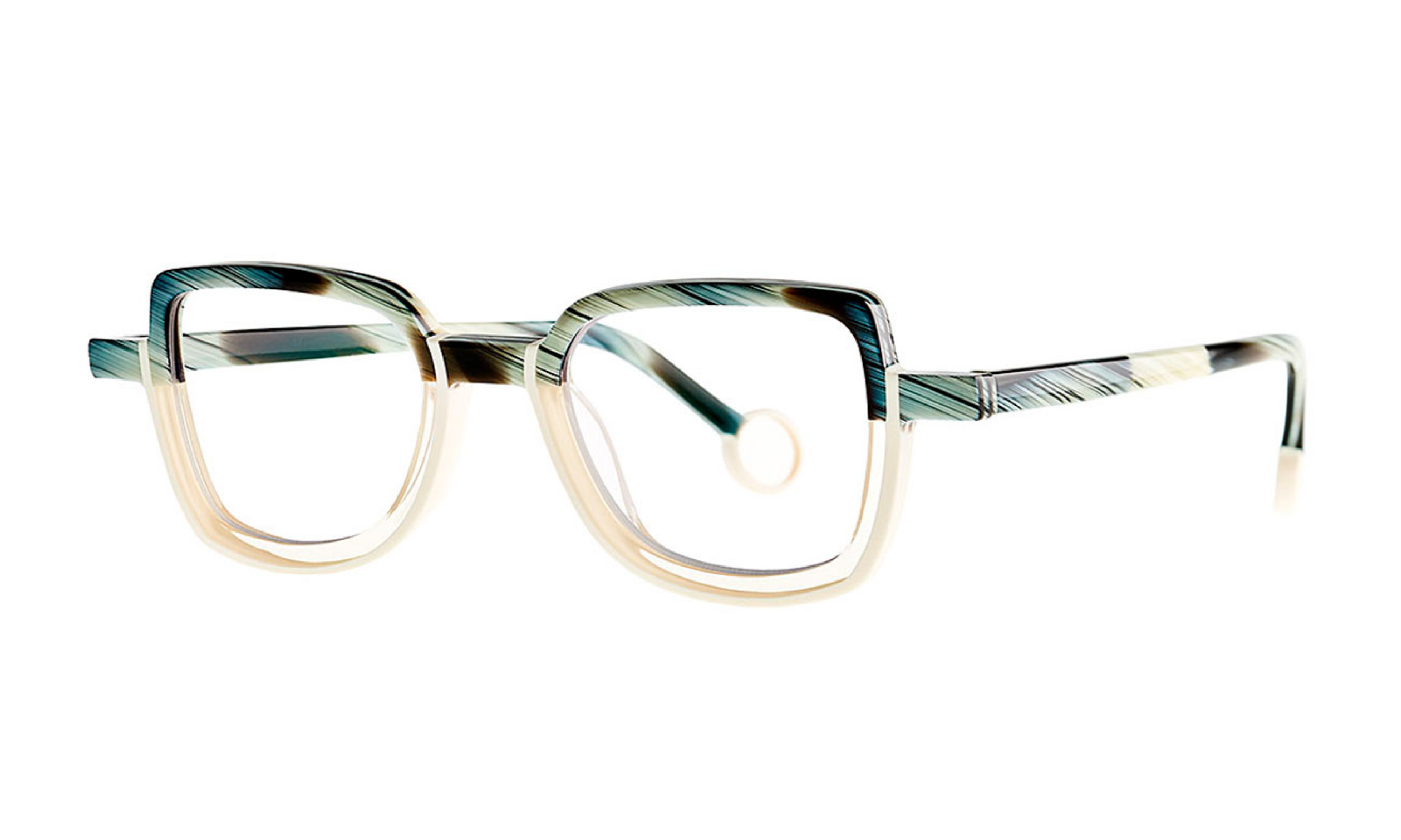 Theo brand eyeglasses in warm white with horn pattern, acetate.
