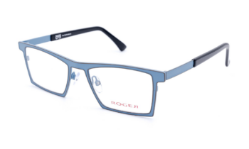 Roger brand eyeglasses in powder blue with black outline, rectangular, metal