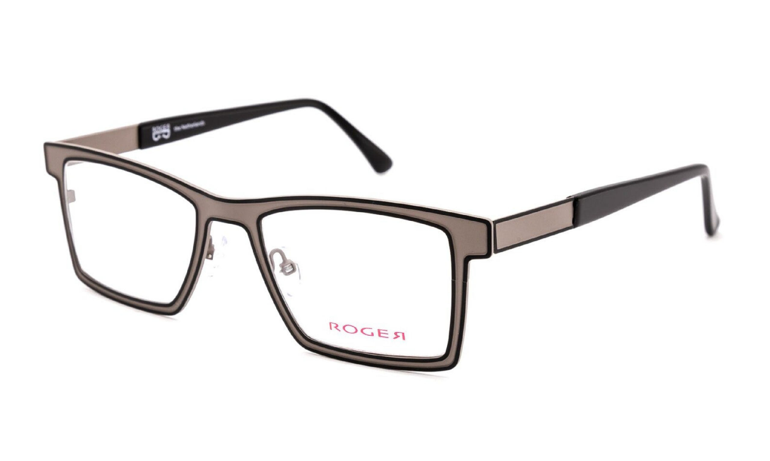 Roger brand eyeglasses in taupe and black outline, rectangle lens, metal.