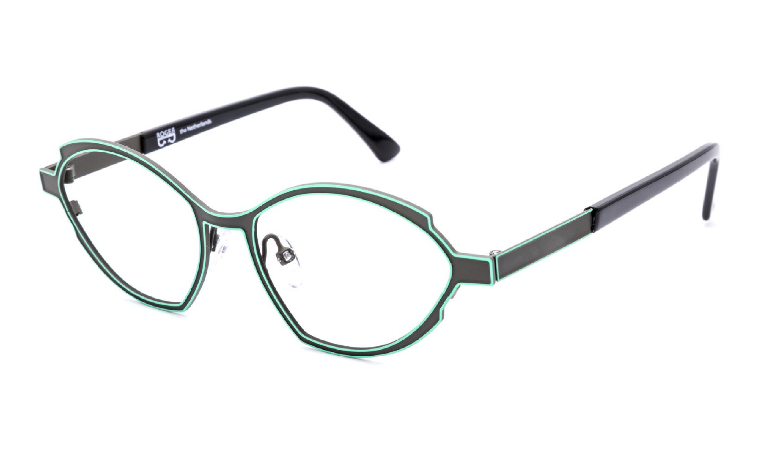 Roger brand eyeglasses in warm gray outlined in green; unique shape, metal.