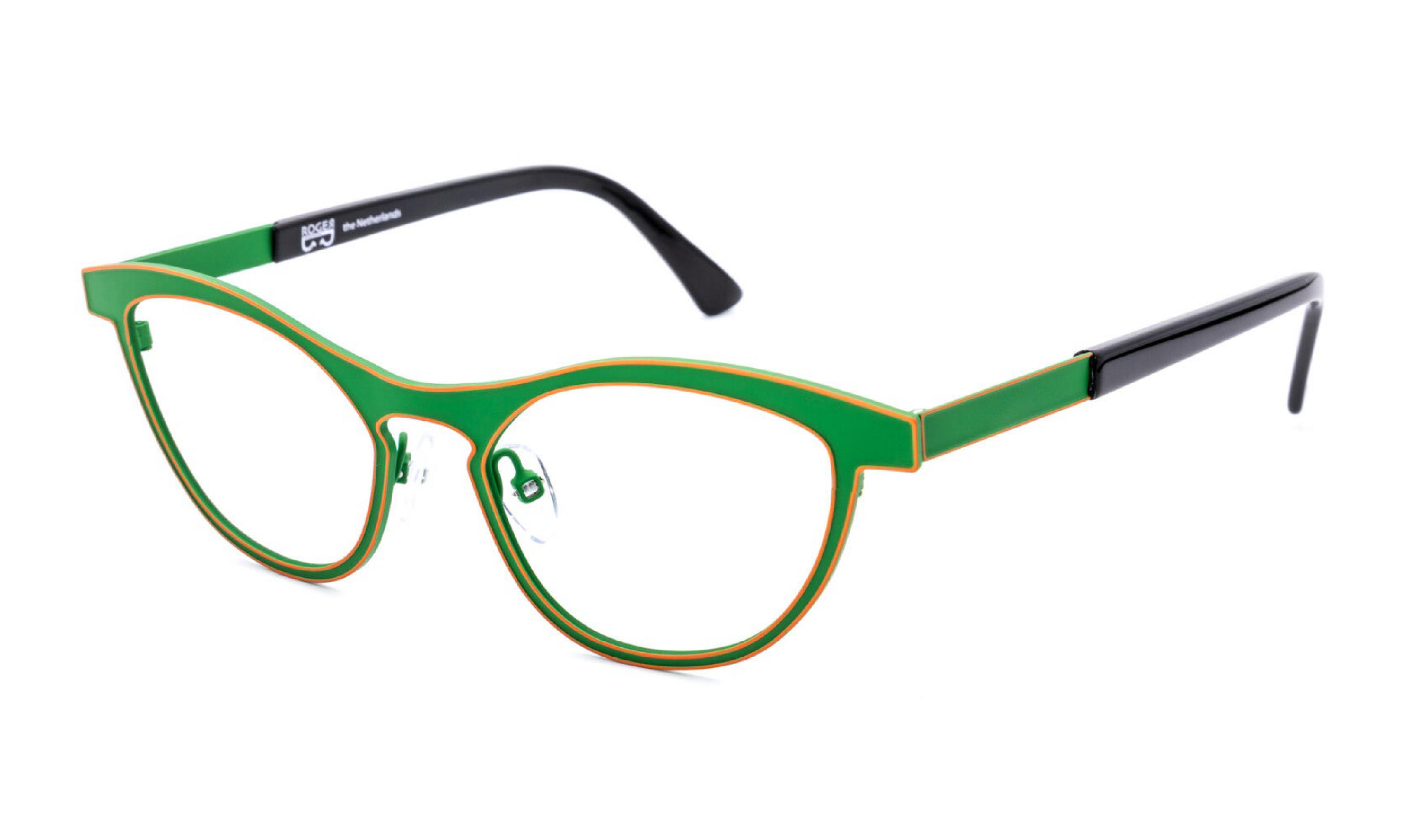 Roger brand frame in green with orange outline, cat-eye metal.