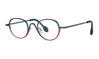 Theo brand eyeglasses in two-tone bluesy green and bluesy red, roundish, metal.