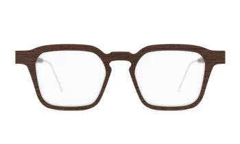 Nina Mûr 'Daniel' wood eyeglass frame in a faux wood pattern. Designed and made in Madrid, Spain.