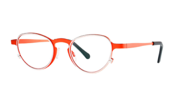 Theo frame, bicolor orange and white, roundish shape, titanium.