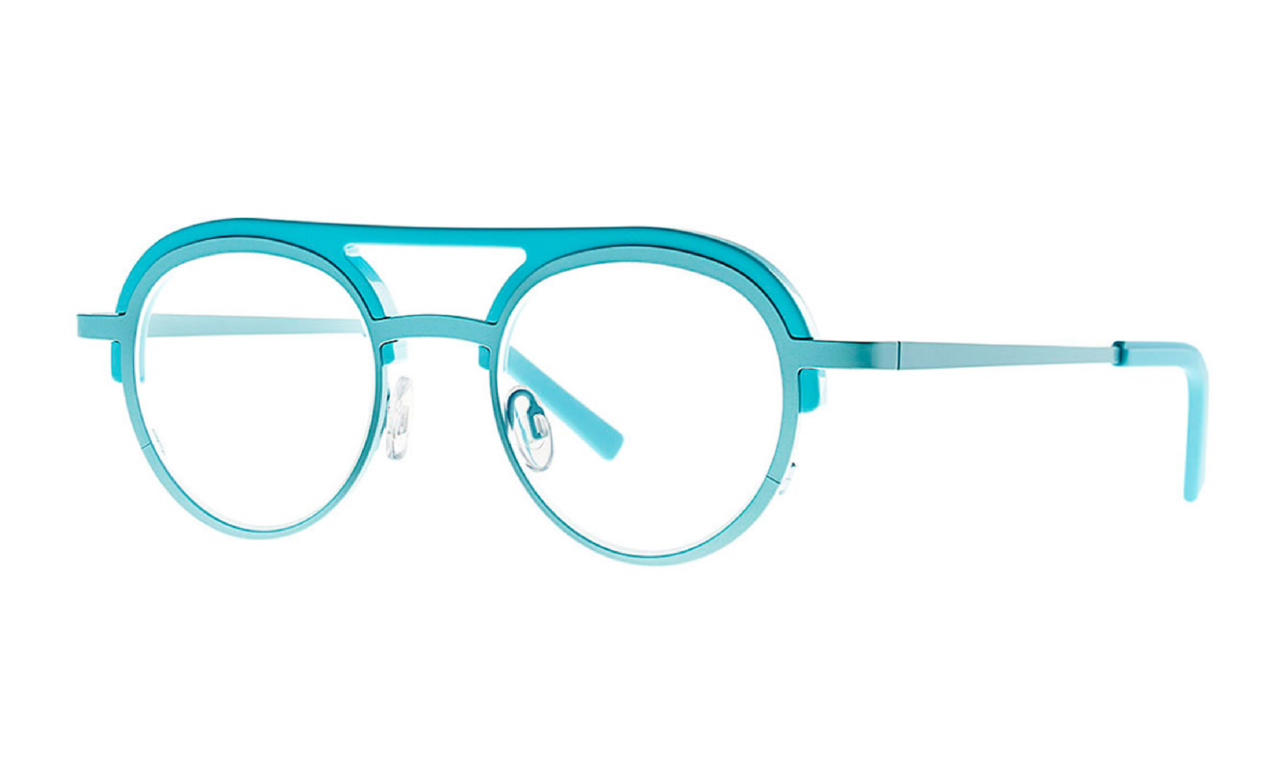 Theo brand eyeglasses in powdery blue, soft aviator lens shape, titanium and acetate.