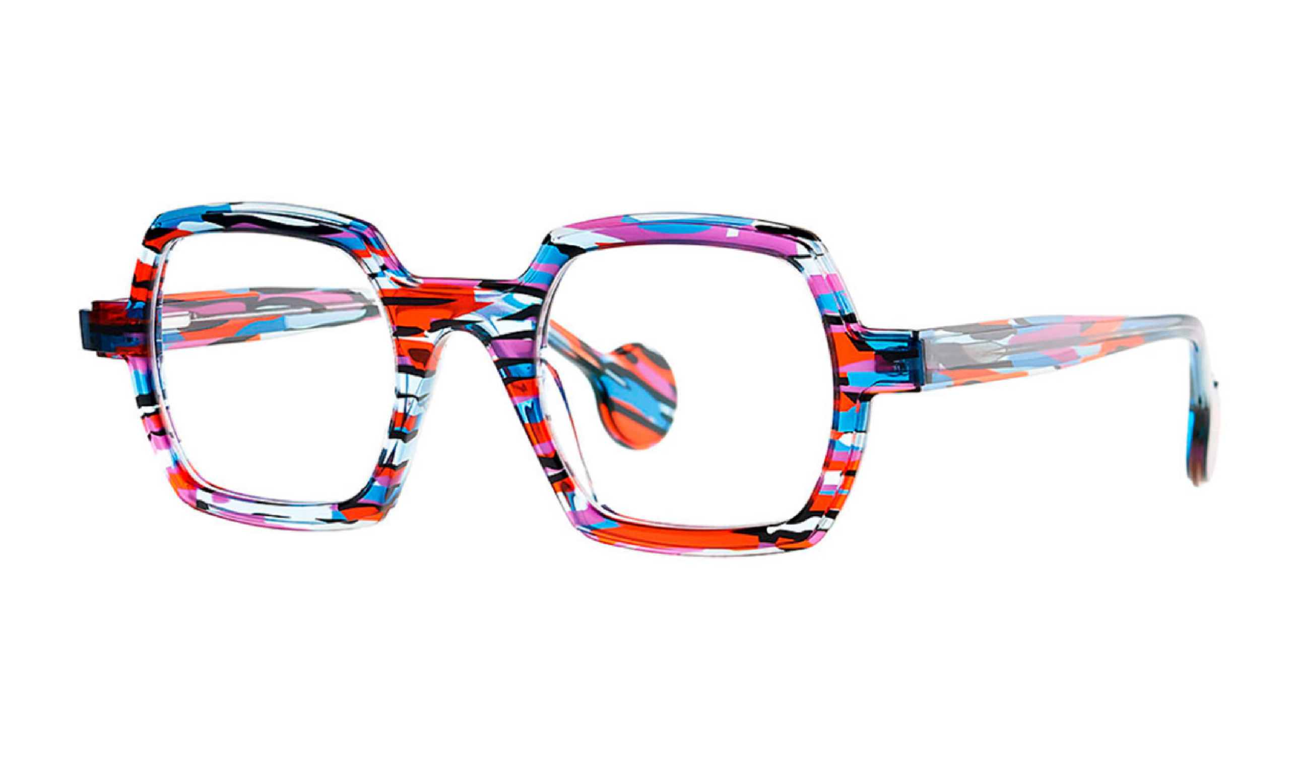 Theo brand eyeglasses in multicolor including red, pink, blues and black, square, acetate.