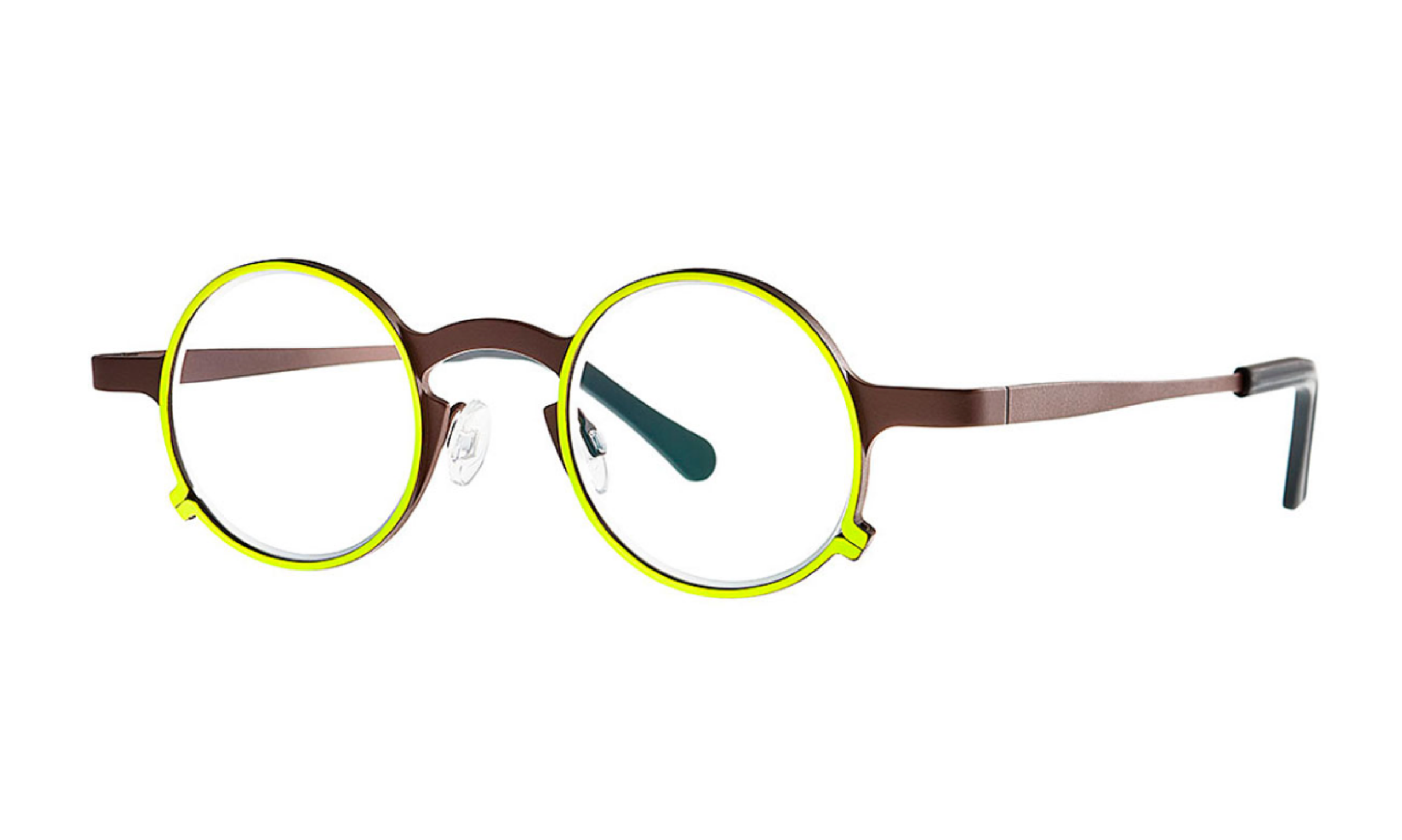 Theo frame, bicolor brown and yellow, roundish shape, titanium.
