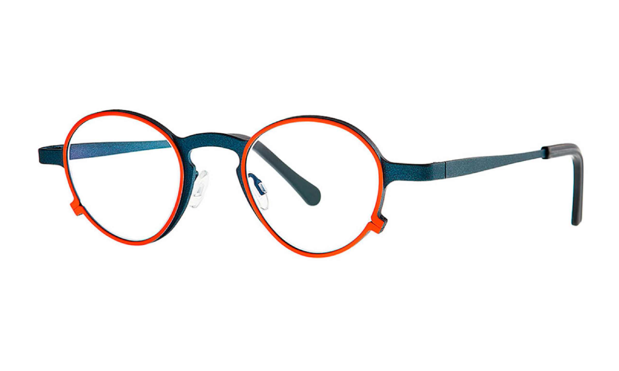Theo frame, bicolor orange and blue, roundish shape, titanium.