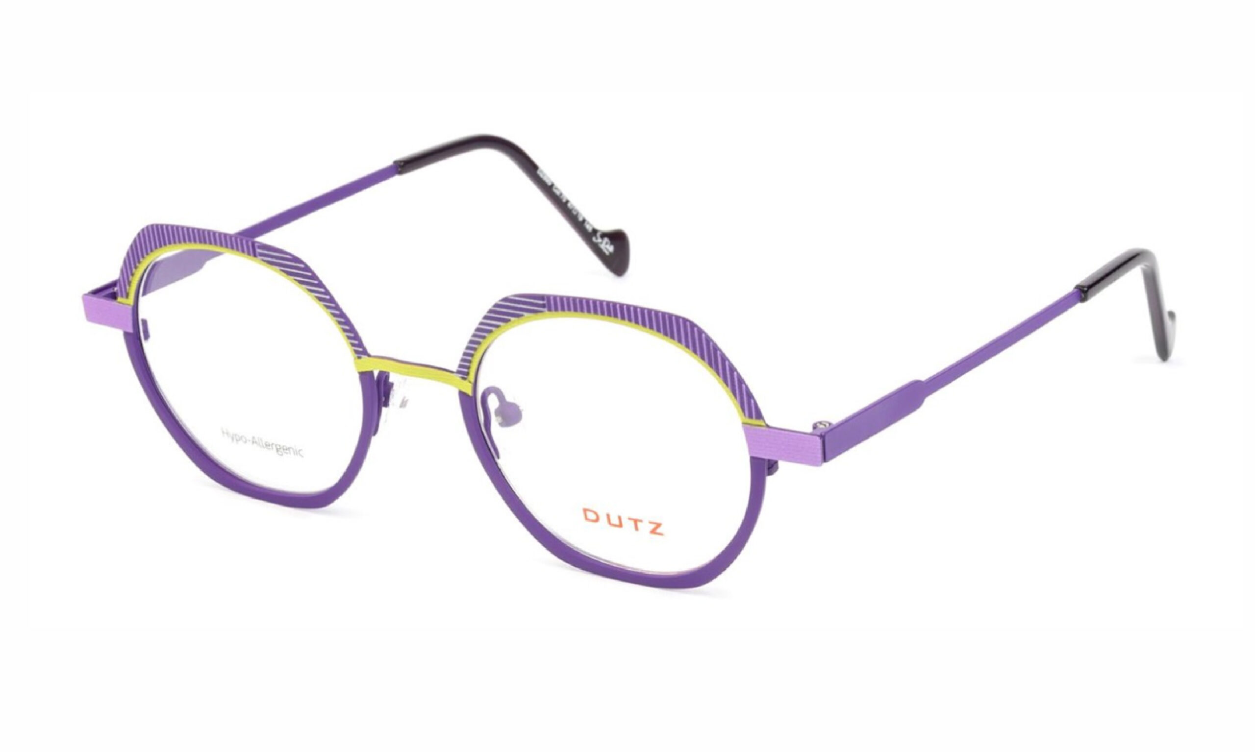Dutz frame, light and dark purple with lime green accent, round lenses, stainless steel.